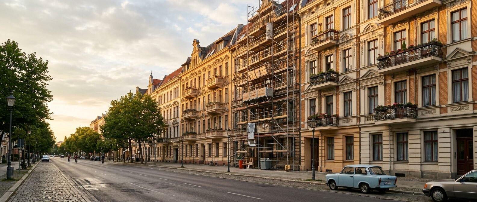 Gründerzeitfassaden in Berlin, ein Haus im Gerüst